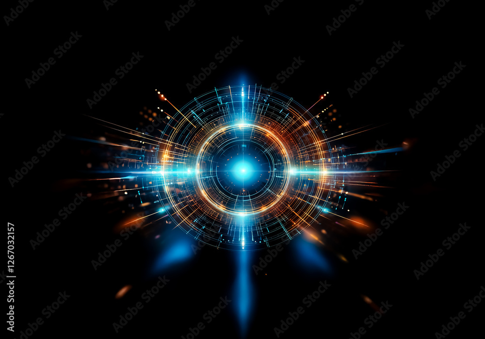 Aufkleber Abstract digital art featuring a vibrant circular design with radiating lines and a central glowing orb, set against a dark backdrop.  The artwork evokes themes of energy and technology.