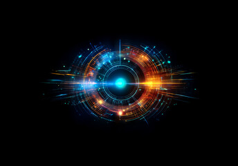 A luminous abstract circular design with vibrant blue and orange light emanates against a dark backdrop, creating a futuristic and technological visual element.