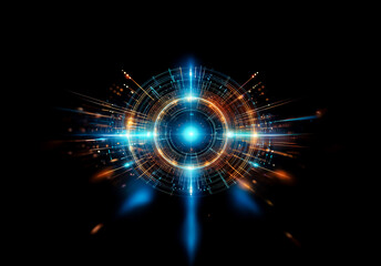 Fototapeta premium Abstract digital art featuring a vibrant circular design with radiating lines and a central glowing orb, set against a dark backdrop. The artwork evokes themes of energy and technology.