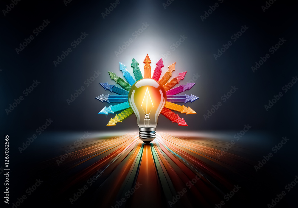 Aufkleber A bright light bulb is the focal point, with colorful arrows converging towards it on a dark background with radiating light streaks.