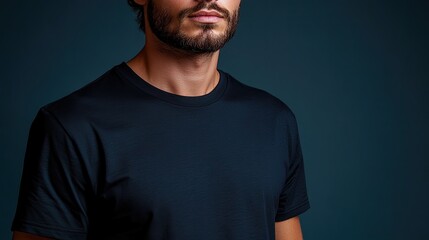 Naklejka premium Close-up portrait of a man wearing a plain dark t-shirt against a solid blue background