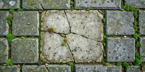 Obraz premium A weathered stone pathway reveals a cracked paving stone, surrounded by vibrant green moss and tiny plants.