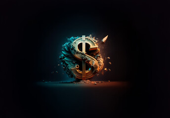 A golden dollar symbol emerges from a dark, rough, and textured ground, illuminated by contrasting blue and orange light against a black background.