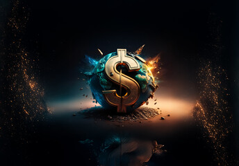 A golden dollar symbol dominates a fractured globe against a shadowy backdrop, suggesting global finance and economic influence.
