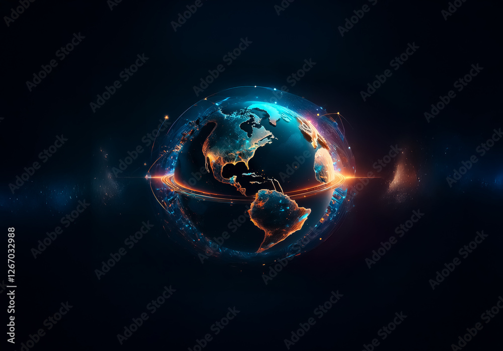 Poster futuristic globe with glowing orange and blue continents surrounded by bright network lines against 