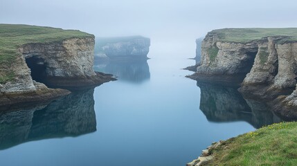 Fototapeta premium Misty Coastal Cliffs and Serene Water Reflection