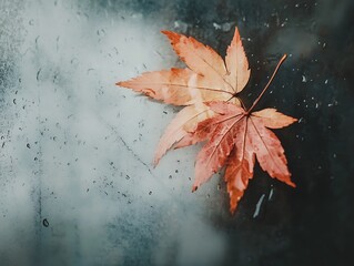 Abstract Fall Leaves Sticking to a Rain-Covered Glass Window, Vibrant Autumn Foliage in Red, Orange, and Yellow with Blurred Background and Water Droplets for a Cozy Seasonal Mood