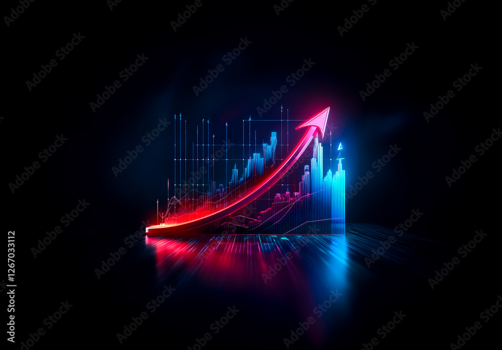 Poster vibrant neon graph with a glowing red arrow pointing upwards on a dark background. the illustration 