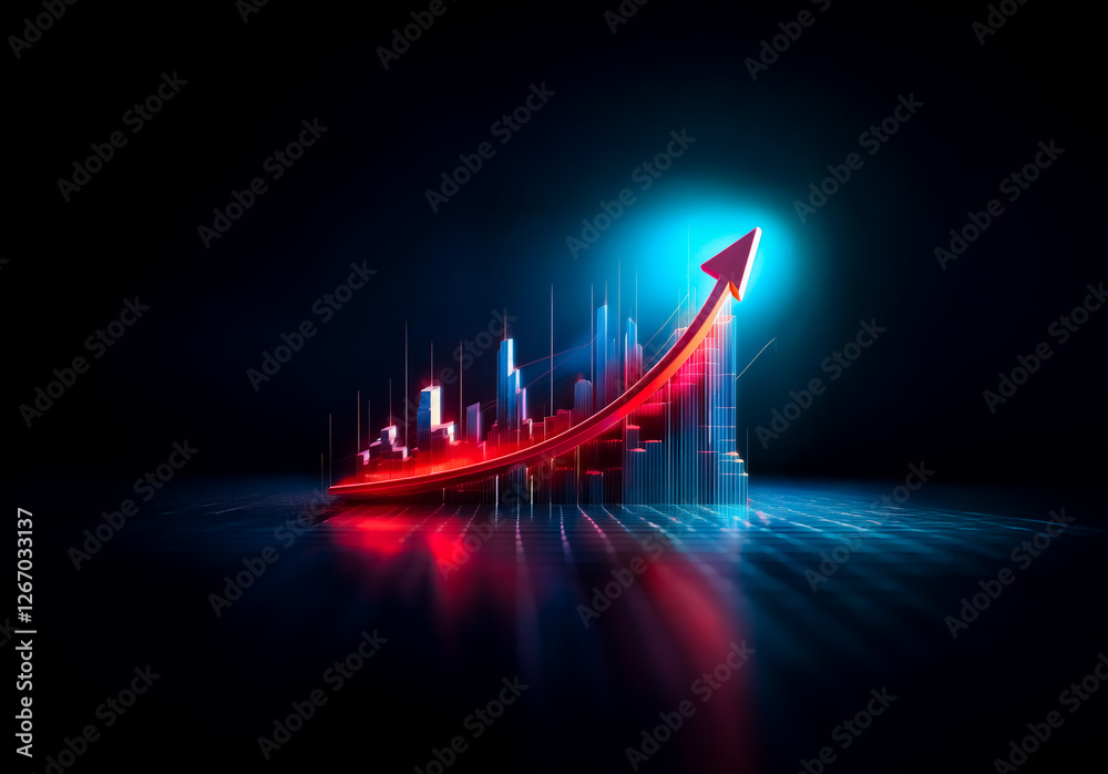 Aufkleber red arrow points upwards over a city silhouette, illuminated with blue and red light effects in a da