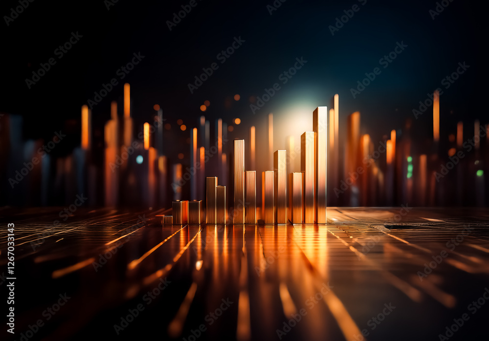 Leinwandbilder futuristic golden bars rise against a dark backdrop, illuminated from behind, casting reflections on