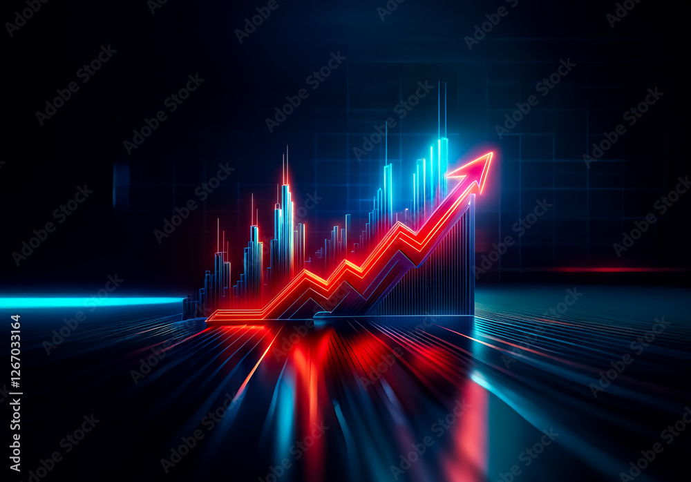 Poster a vibrant red arrow ascends dynamically over a blue bar graph, set against a dark backdrop, symboliz