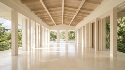 Tranquil resort colonnade, pool view, tropical garden backdrop; wedding venue