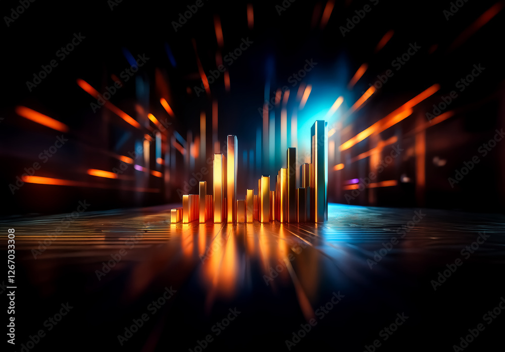 Poster Abstract glowing bars rise like a digital cityscape against a dark background, illuminated by bursts of light.  A futuristic and dynamic composition.
