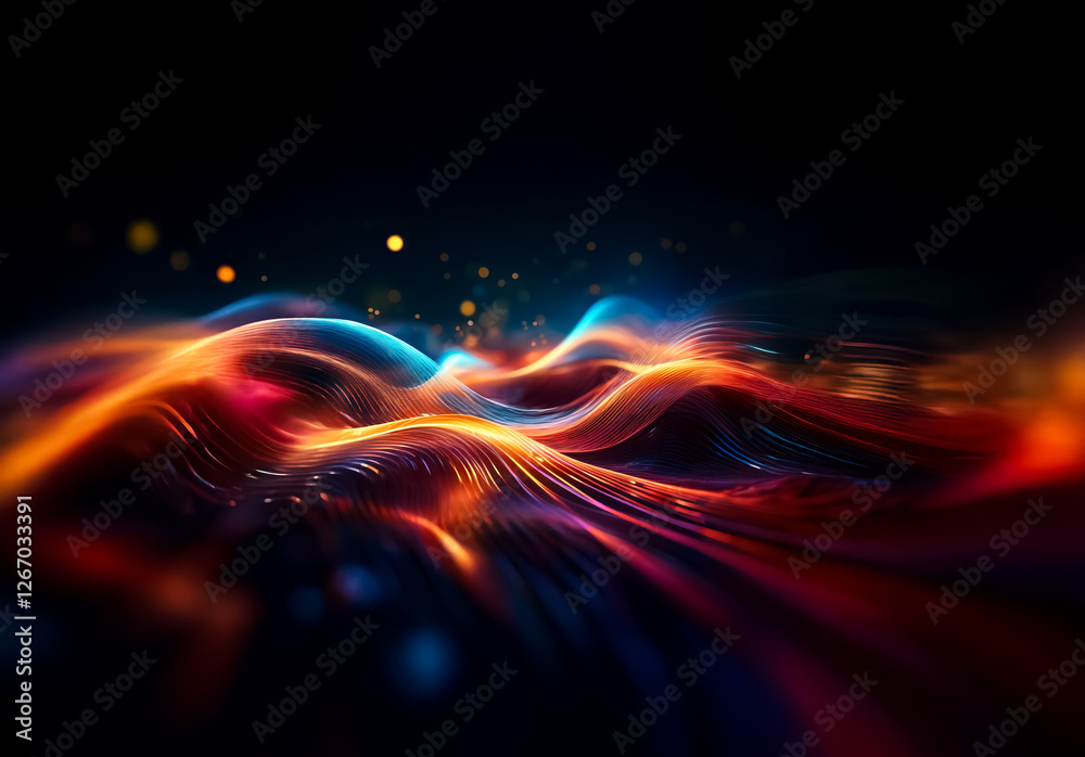 Aufkleber Luminous waves of orange, red, and blue flow dynamically across a dark backdrop. Glimmering specks enhance motion in this abstract composition of light and color.