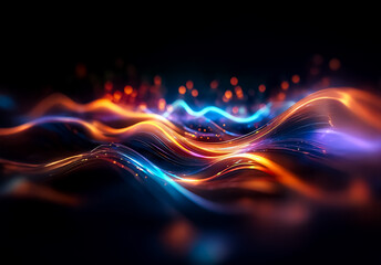 Abstract glowing waves of blue, orange, and red flow across a dark background. Dynamic and fluid lines create a futuristic and energetic feel.