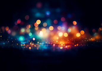 An abstract background featuring a mesmerizing display of blurry, colorful lights. The bokeh effect creates a dreamy and festive atmosphere against a dark setting.