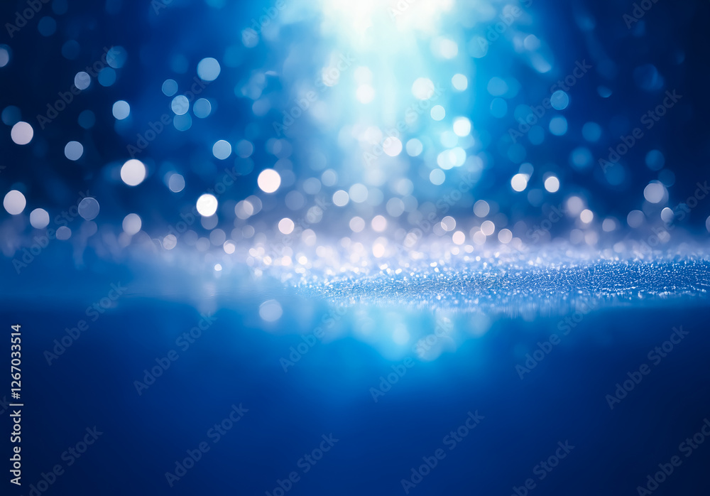 Poster Abstract blue background with bokeh lights and shimmering sparkles creates a magical and dreamy atmosphere. The soft focus and bright highlights evoke a sense of wonder and ethereal beauty.