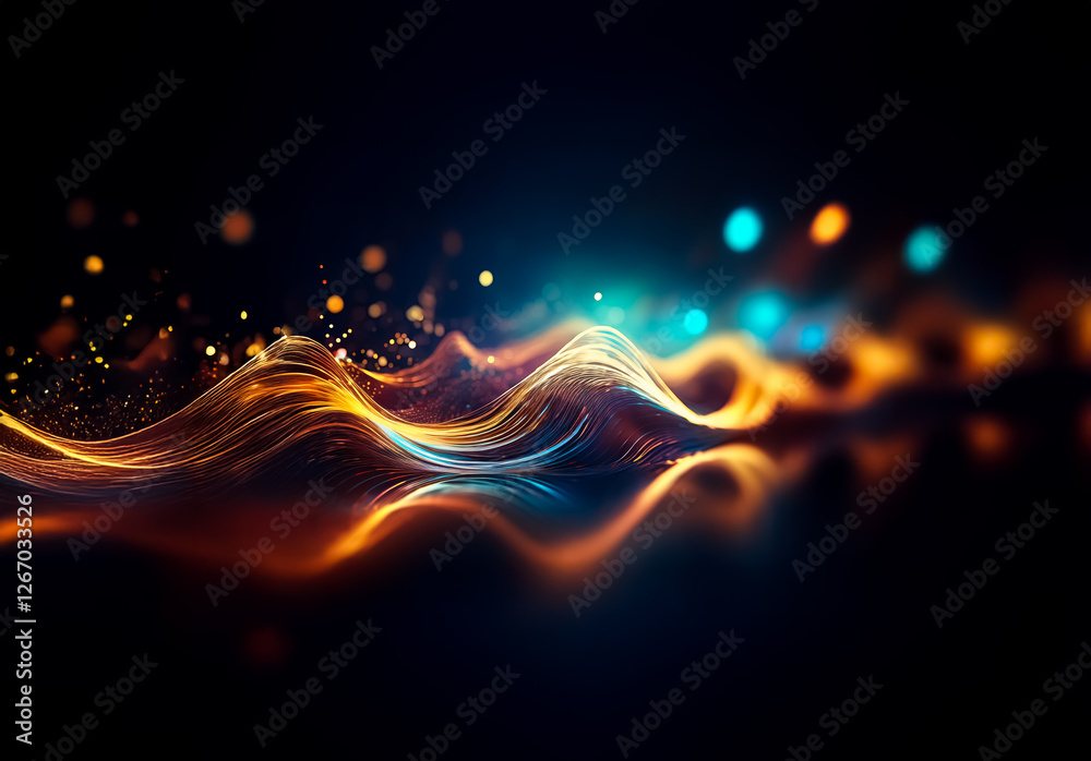 Aufkleber abstract waves of gold and blue energy flow smoothly on a dark background. bokeh lights and reflecti