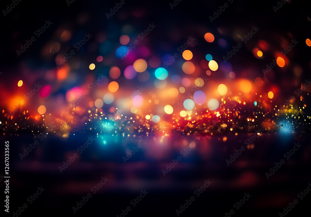 Poster blurred vibrant bokeh lights create a festive and celebratory atmosphere against a dark background, 