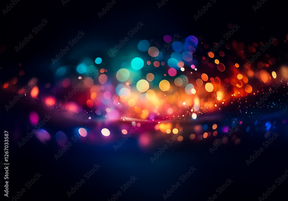 Poster abstract image of defocused, vibrant lights creating a bokeh effect against a dark backdrop. blurred