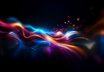 Abstract flowing light streaks in vibrant colors illuminate the dark background, creating a dynamic and energetic visual with smooth curves and bright glows.