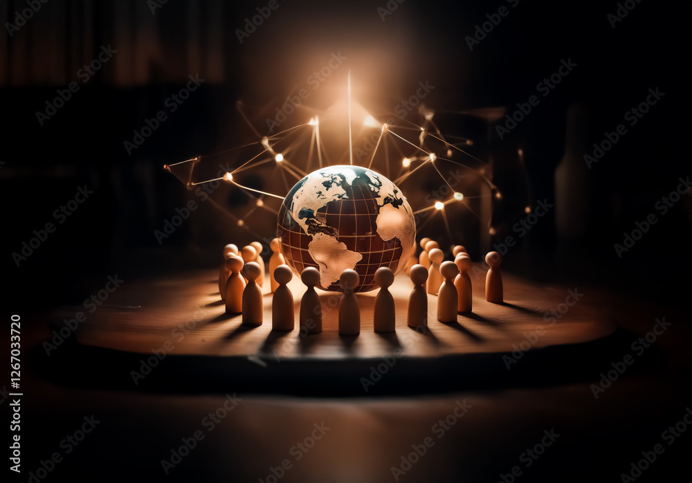 Fototapete Illuminated network connects wooden figures circling a globe. Representing global unity and interconnectedness in a dramatic, dark setting.