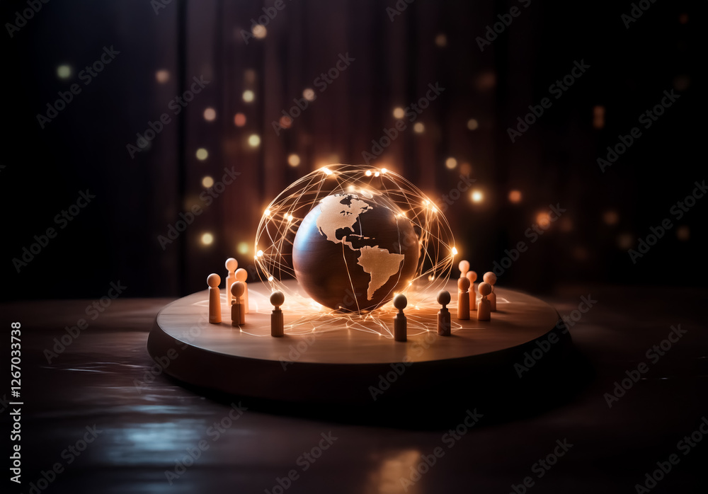 Aufkleber wooden globe encircled by small figures on a platform, with bokeh lights behind, illustrating global