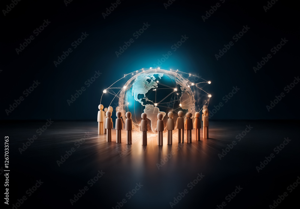 Aufkleber A circle of stylized people figures surrounds a glowing globe with network lines. The scene represents global connection and community in a digital world.