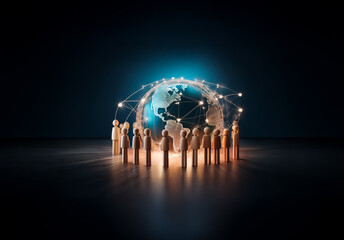 A circle of stylized people figures surrounds a glowing globe with network lines. The scene represents global connection and community in a digital world.
