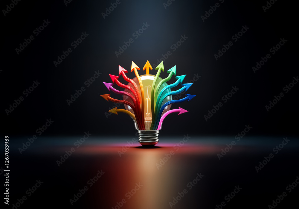 Poster a vibrant light bulb radiates colorful arrows pointing in many directions against a dark background,