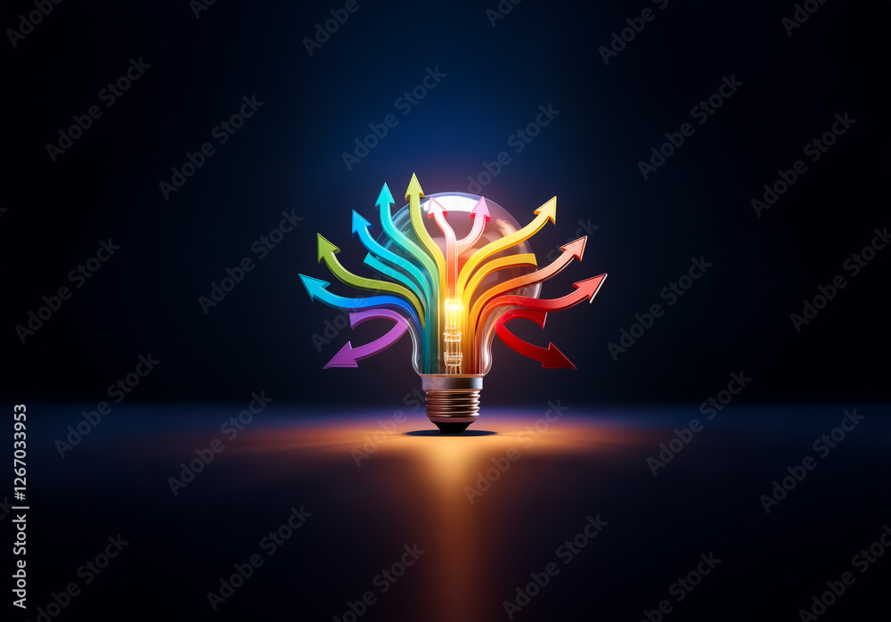 Poster bright bulb radiates colorful arrows in different directions against a dark background, symbolizing 