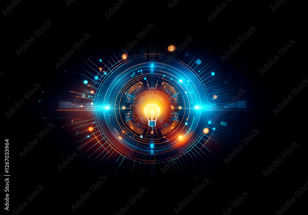 Poster abstract, vibrant circular design with luminous blue and orange elements. geometric and radial patte