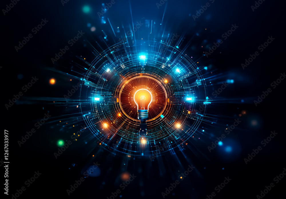 Aufkleber abstract digital image of a glowing lightbulb center with radiating lines and particles on a dark ba