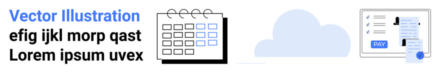 Calendar planner, cloud data icon, and secure online payment interface representing organization, digital storage, and e-commerce. Ideal for tech, finance, productivity, scheduling cloud computing