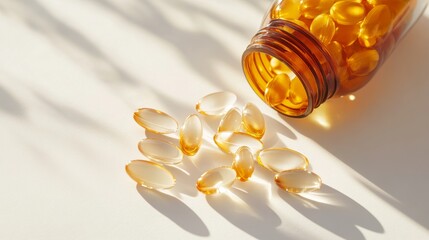 Golden capsules scattered around an open bottle on a light surface with soft shadows