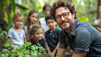 Happy Male Teacher with Group of Children Gardening