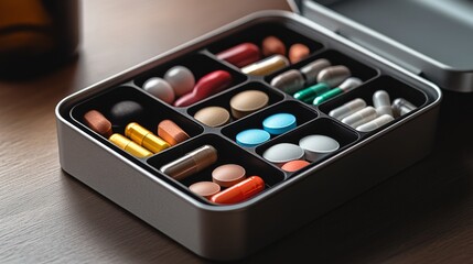 Variety of tablets and capsules organized in storage box on wooden table in indoor setting