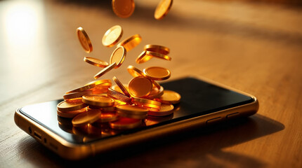 Golden coins falling on a smartphone screen. Money flowing into a mobile phone app. Finance and passive income concept