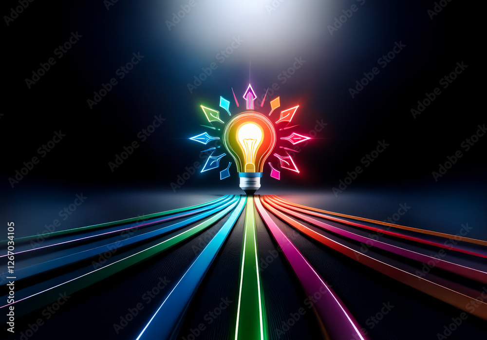 Poster colorful light bulb illuminates the dark scene with radiating beams and vibrant lines converging tow