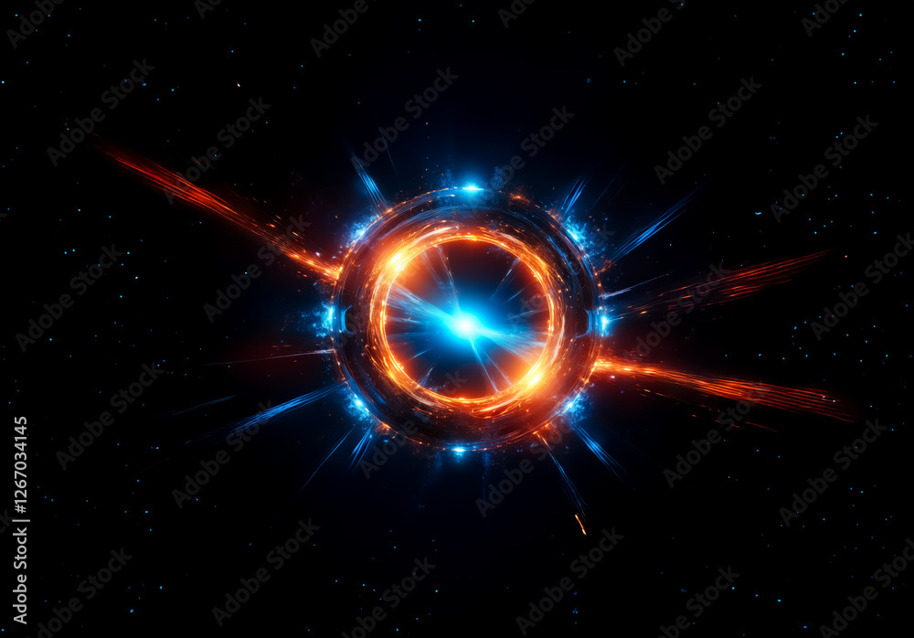 Aufkleber a cosmic object emits vibrant orange and blue energy in the dark expanse of space, surrounded by dis