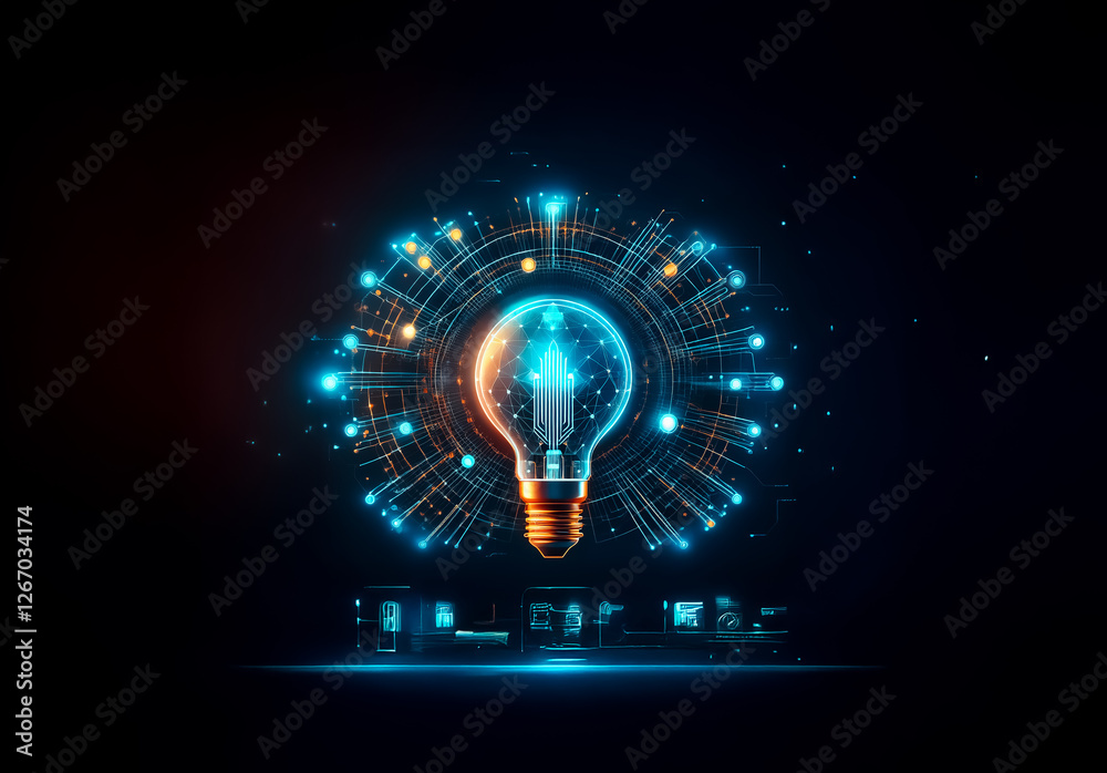 Poster Glowing light bulb surrounded by digital network and glowing particles on a dark backdrop. Symbolizes bright ideas, innovation, and future technology.