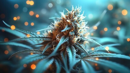 Obraz premium Close-up view of a cannabis flower with intricate details, glowing background, and vibrant colors