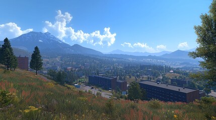 Naklejka premium Scenic mountain town overlook on a sunny day