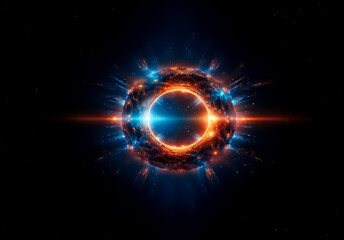 Obraz premium Abstract sphere with glowing blue and orange lights on a dark background, radiating energy in a circular shape with bright and colorful illumination.
