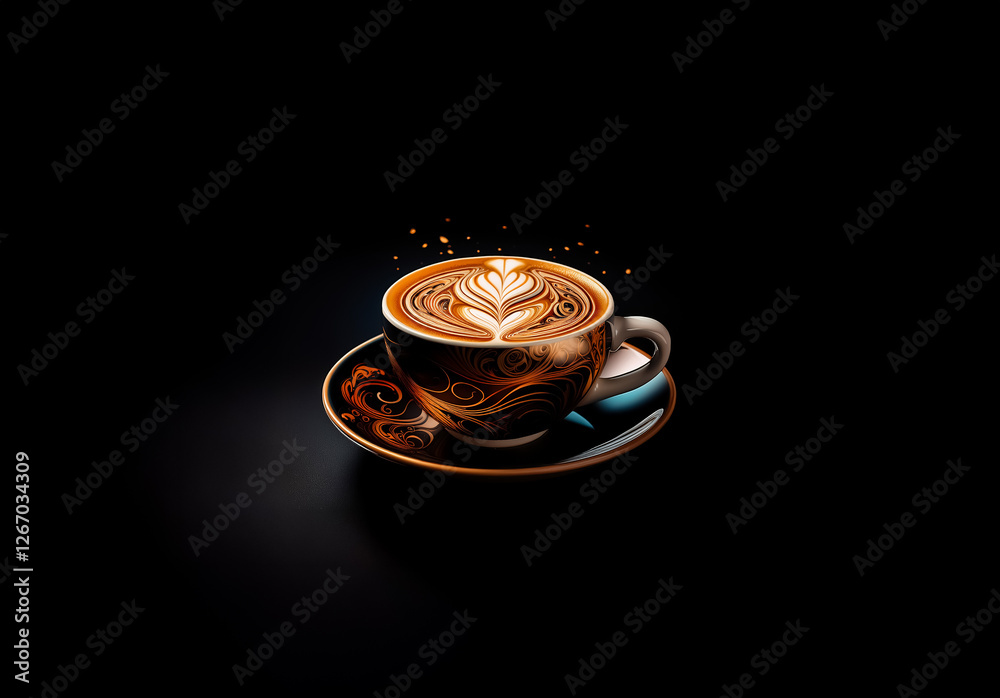 Poster a cup of coffee with latte art, featuring a delicate leaf design in the foam, sits on a saucer again