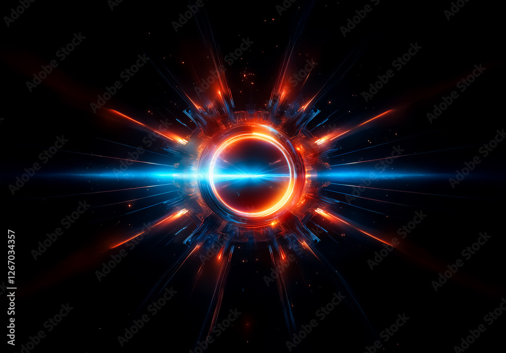 Poster abstract, circular design with radiating rays of light. glowing, energetic core with vibrant orange,