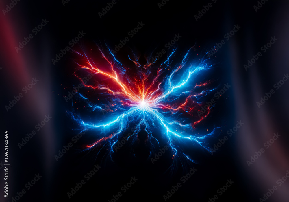 Aufkleber A burst of vibrant energy emanates from a central point, with streams of red and blue light radiating outwards on a dark backdrop, creating a dynamic visual effect.
