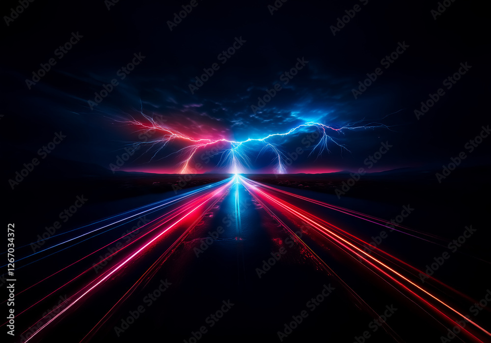 Poster Dramatic red and blue lightning pierces a dark sky above a road marked by streaks of vibrant light, creating a powerful and dynamic scene.