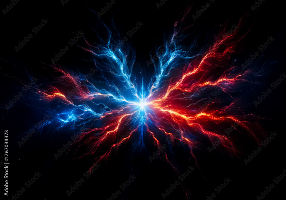 Leinwandbilder vibrant blue and red lightning bolts emanate from a central point on a black backdrop, creating a dy