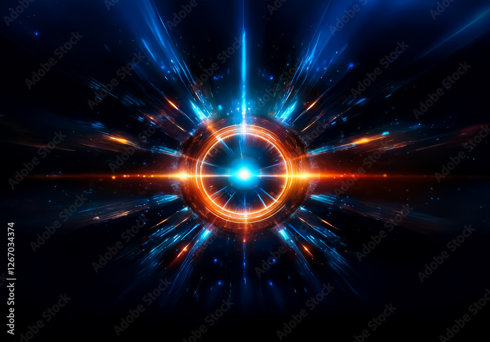 Poster a luminous sphere at the center emits radial energy beams with vibrant blue and orange hues. abstrac